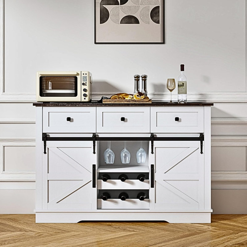 Armoire de bar de style campagnard avec porte-bouteilles et armoire à vin 54 po, White/Black