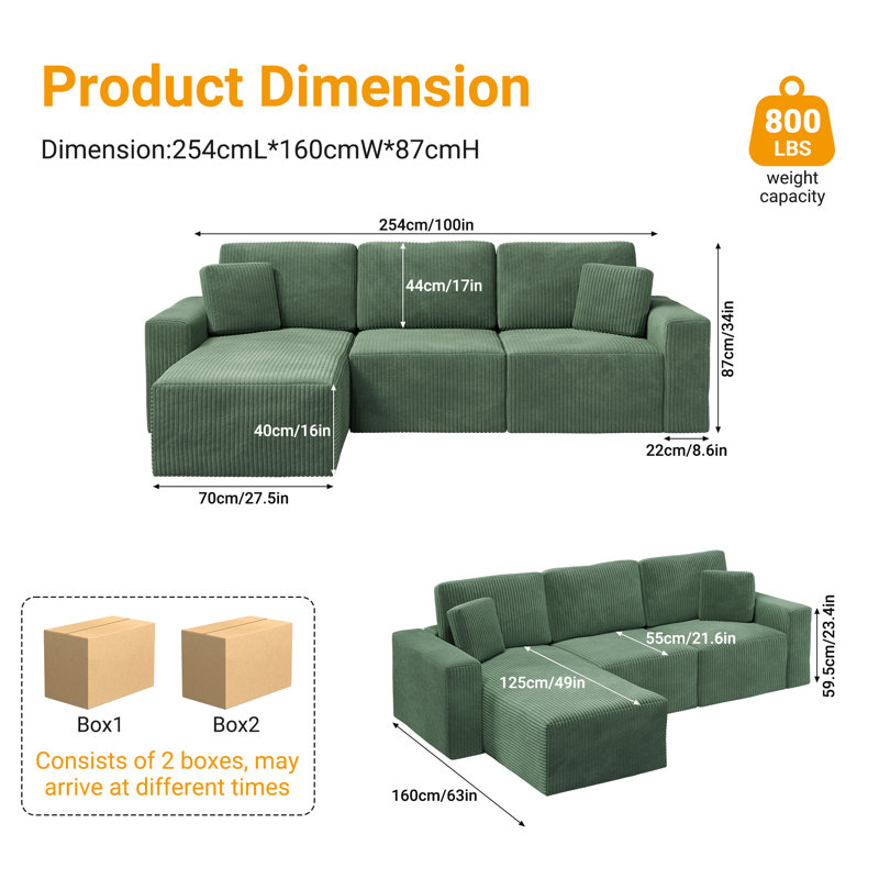 3 Seater Corduroy Sofa & Chaise, Green