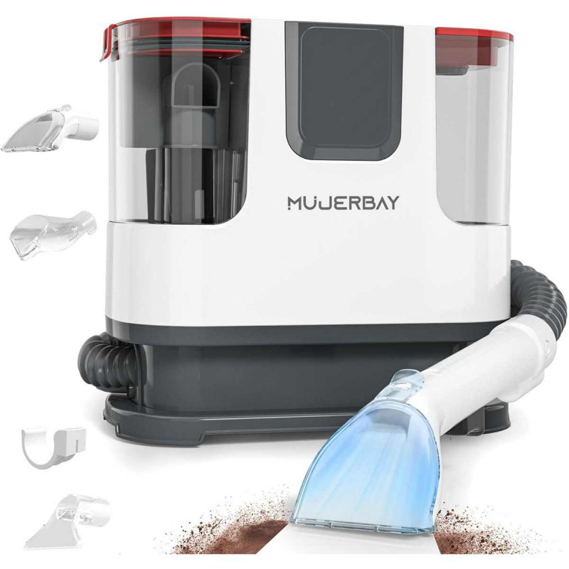 MUJERBAY 12Kpa Upholstery Carpet Cleaner, Portable Spot Cleaner with Wheels & Handle, 1.18" Deep Cleaning for Couch, Stairs, Car, Pet Messes, Red