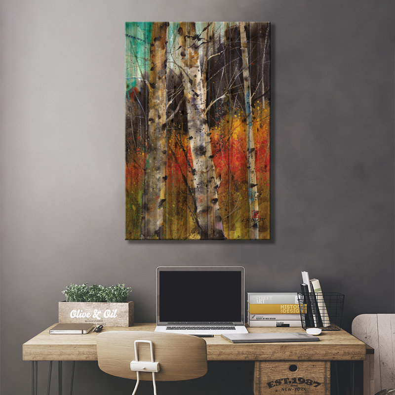 «Trees on Fire» par Dean Crouser - peinture sur bois sans cadre, H 40 po x l 26 po x P 1,5 po