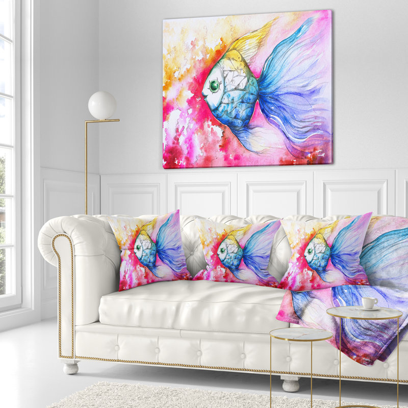 Poisson bleu sur fond rouge - coussin imprimé animal, 18 po x 18 po, Coussin décoratif