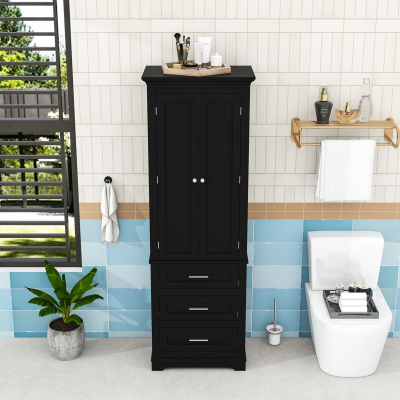Tall Storage Cabinet with 3 Drawers and Adjustable Shelves for Bathroom or Kitchen, Black