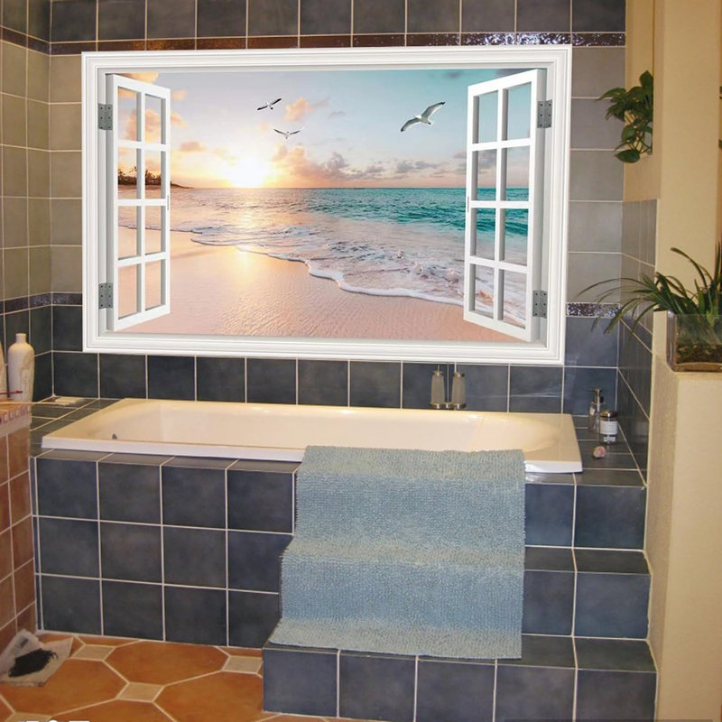 Adhésif décoratif fausse fenêtre coucher de soleil sur la plage