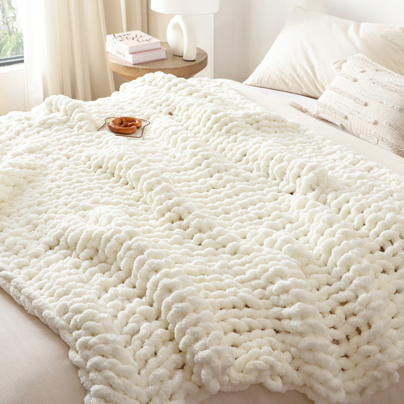 Jeté en tricot de chenille douce et moelleuse pour canapé, Beige, L 50 po x L 60 po