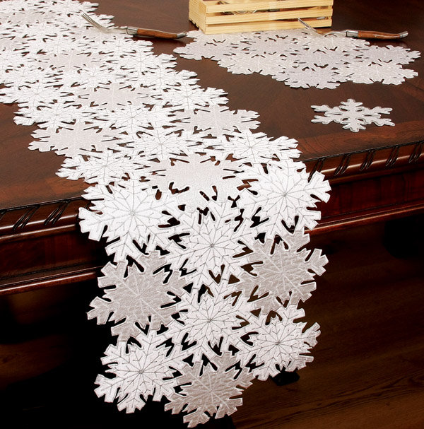 Shimmer Snowflake Embroidered Cutwork Table Runner, 108" x 15"