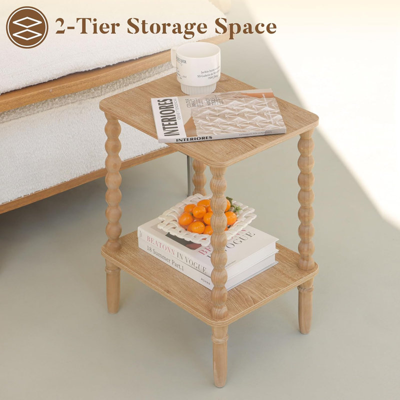 Small End Table, Couch Side Table With 2-Tier Storage Shelf, Wood Coffee Table For Bedroom, Living Room, Small Spaces(Rustic Walnut)