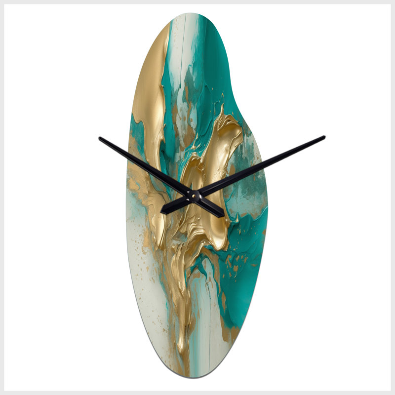 Horloge murale asymétrique en métal or et turquoise, encre fluide en marbre II, Grand