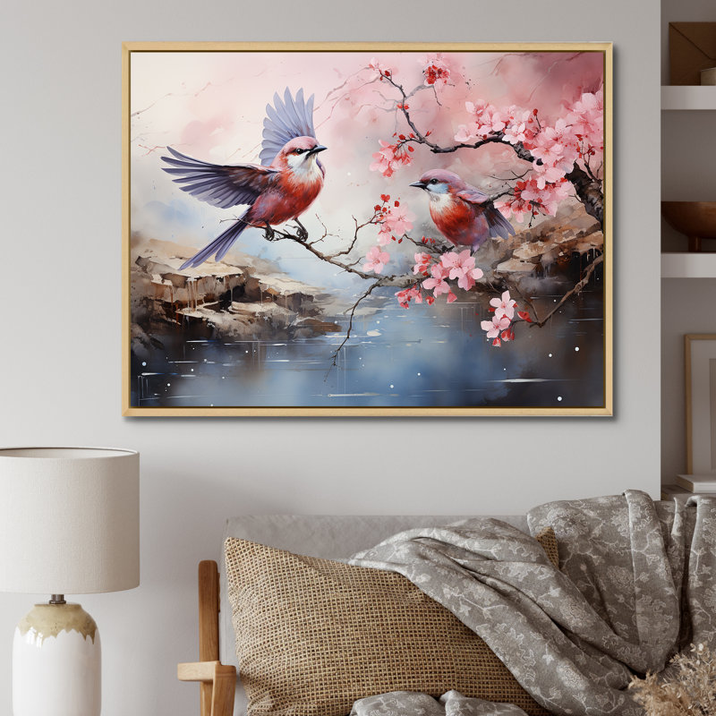 Vol de cerisier japonais en fleur II - Art mural oiseau, Cadre flottant doré, H 12 po x l 20 po x P 1 po