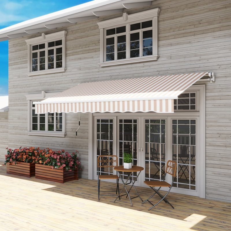 Auvent de patio rétractable, L 144 po x P 120 po, Beige rayé, Beige