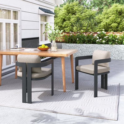 Chaise de patio d'extérieur en aluminium, ensemble de 2, finition noire avec coussin beige