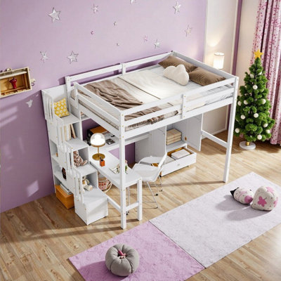 Full Size Loft Bed With Built-in Desk, Bookcases, Wardrobe & Staircase Storage, Pine & Plywood Construction