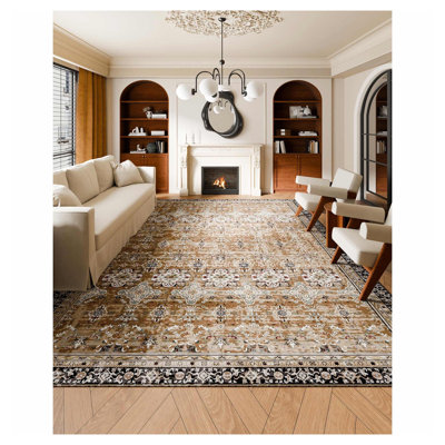 Tapis brun et vert rétro avec tapis antidérapant à motif floral délavé 9 x 12 pi
