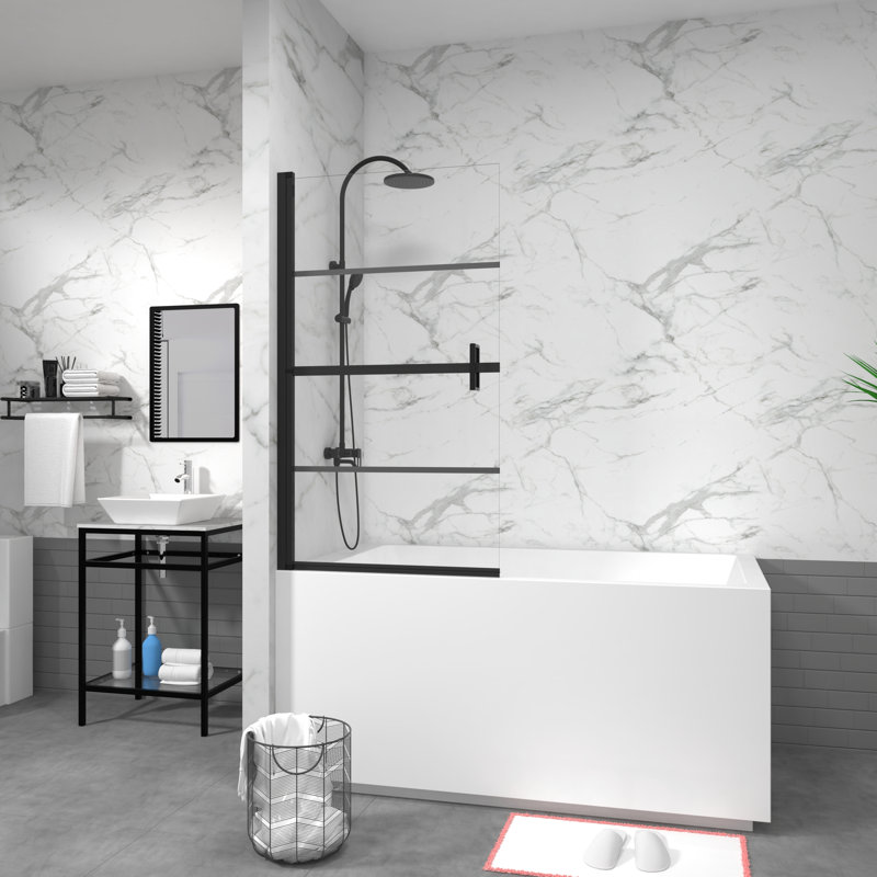 Black 180° Pivot Shower Door With 55" Height & 31.5" Width Tempered Glass Panel, Installation Needed Bathtub Door, 55"x31.5", Glass, Noise-reduction Feature