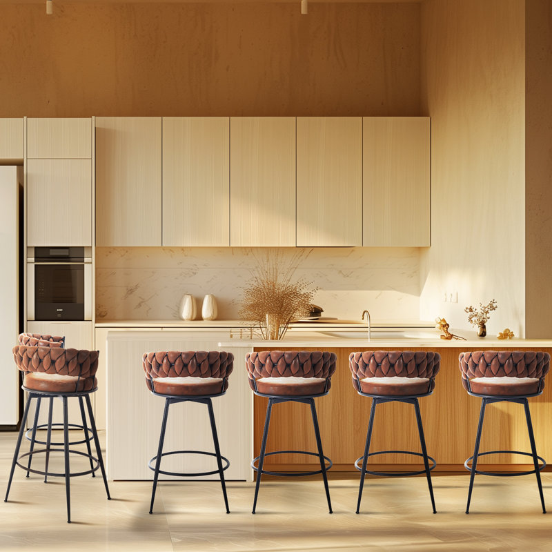 Sabiye 28" Counter Height Bar Stools Set of 4 - 360° Swivel with Suede Fabric & Modern Woven Design, Backrest & Footrest for Kitchen Cafe Pub