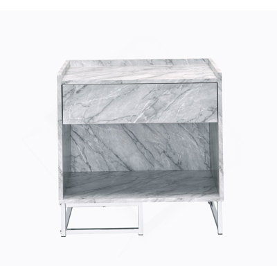 White Printed Faux Marble & Chrome Finish Accent Table