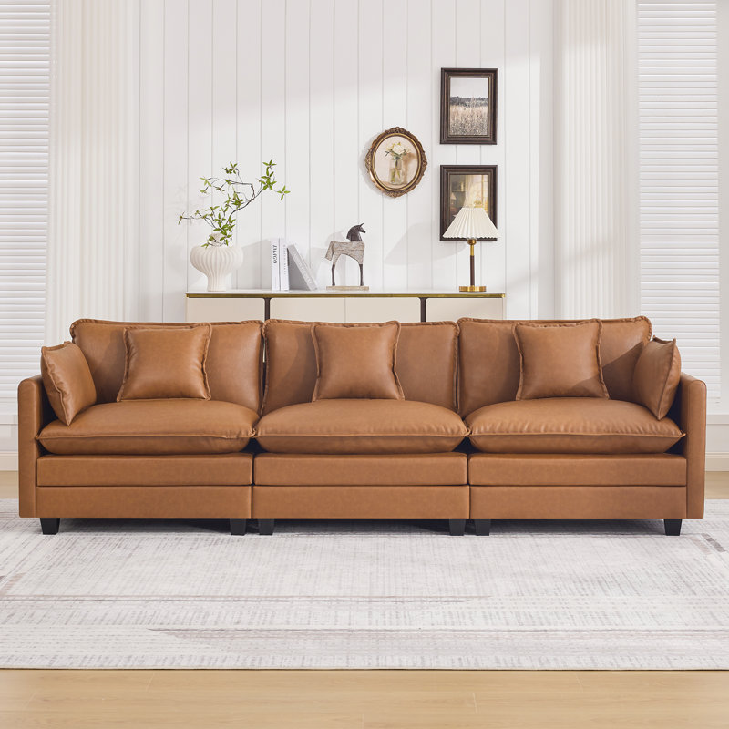 Canapé modulaire rembourré en similicuir avec assise profonde Cloud, 3 sièges, Marron clair