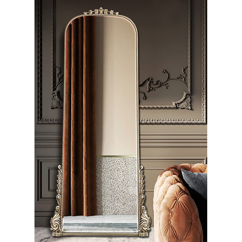 French-Style Vintage Carved Arched Stand Mirror With Frame, 74.8" x 35.43"