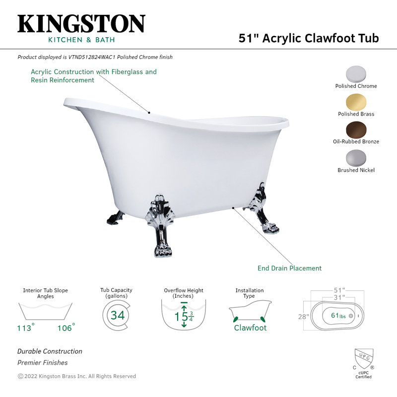 Kingston Brass Aqua Eden 51-Inch Acrylic Oval Double Slipper Clawfoot Tub (No Faucet Drillings), Polished Brass
