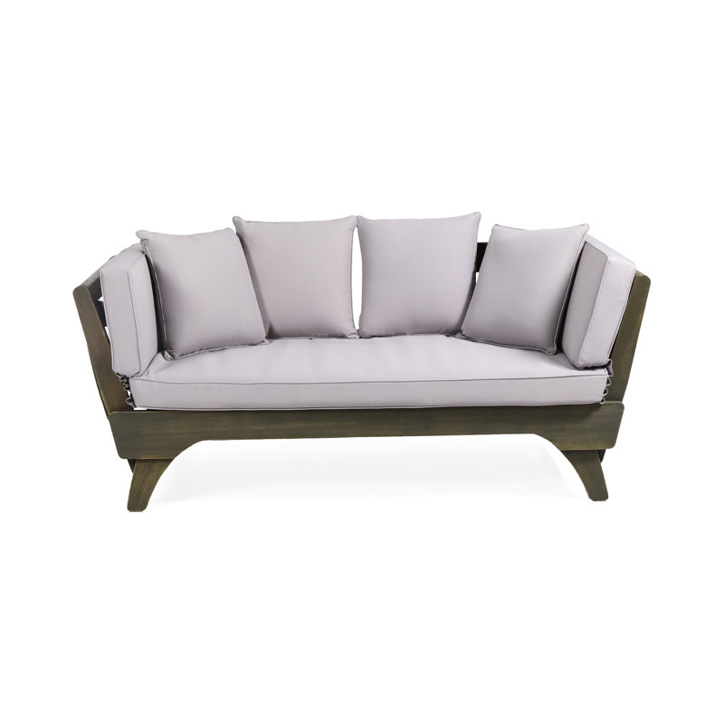 Lit de jour extensible en bois avec panneaux de lattes, ceintures de cerclage et coussins gris d'eau, l 65,50 - 82,00 po x P 29,71 po x H 27,00 po