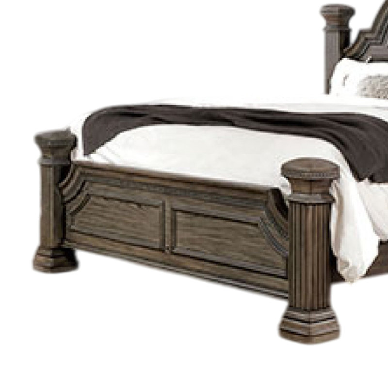 Grand lit Akia, bois massif gris, poteaux de roseau classiques, moulures, Gris, Grand