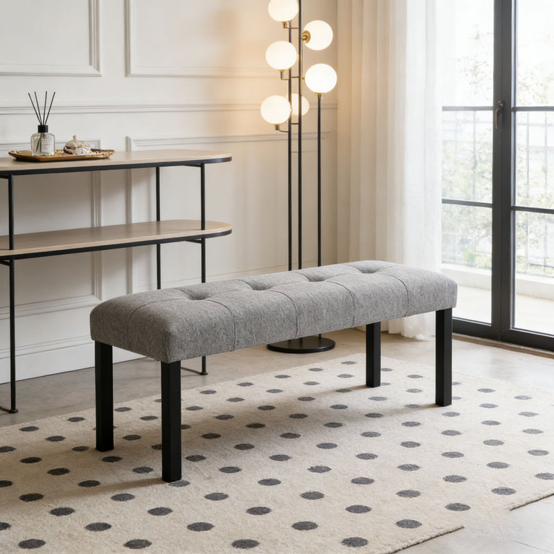 Modern Tufted Linen Dining Bench, Gris