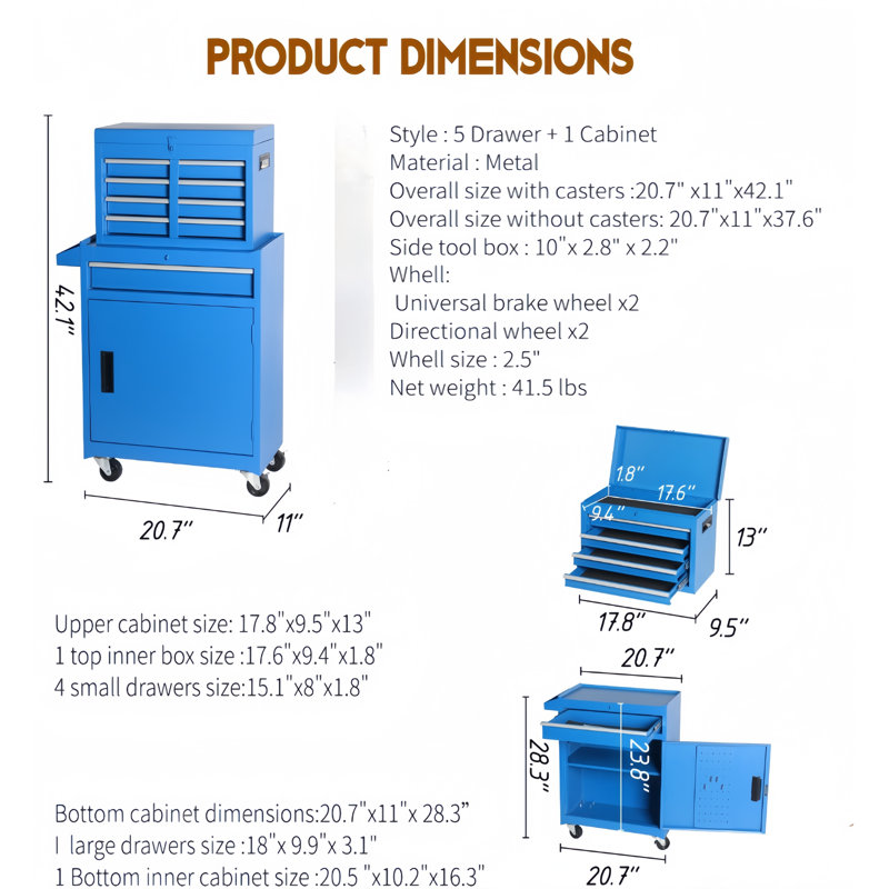 Coffre à outils, armoire de rangement à outils à 5 tiroirs avec coffre à outils amovible, doublure, roues verrouillables universelles, tablette réglable, mécanisme de verrouillage, chariot à outils en métal pour atelier de garage