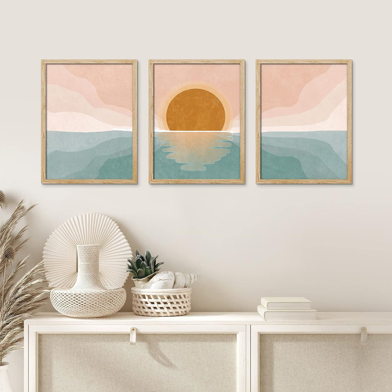 Coastal Beach Minimal Sunset Pastel Ocean Sun Nature Wall Art For Living Room, encadré, 3 pièces, Naturel