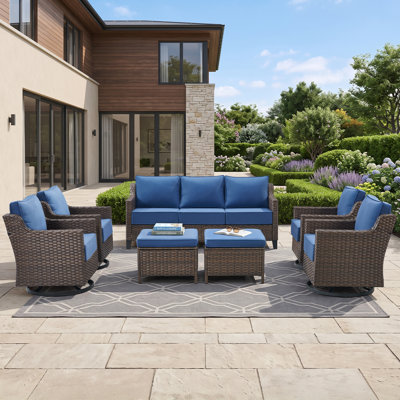 Luxury 7-Piece Outdoor Wicker Patio Furniture Set with 6-inch Thick Cushions, Swivel Rocker Chairs, Two Ottomans for Backyard & Deck