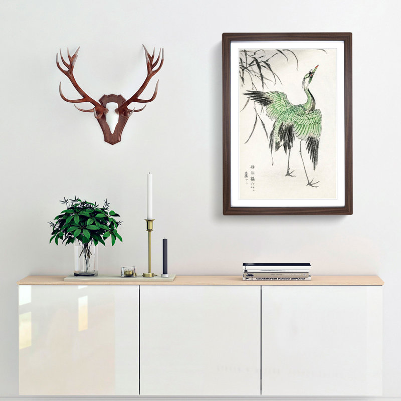 Crane Bird by Numata Kashu - Single Picture Frame Painting on MDF, 60cm H x 40cm W x 2cm D, Walnut Framed