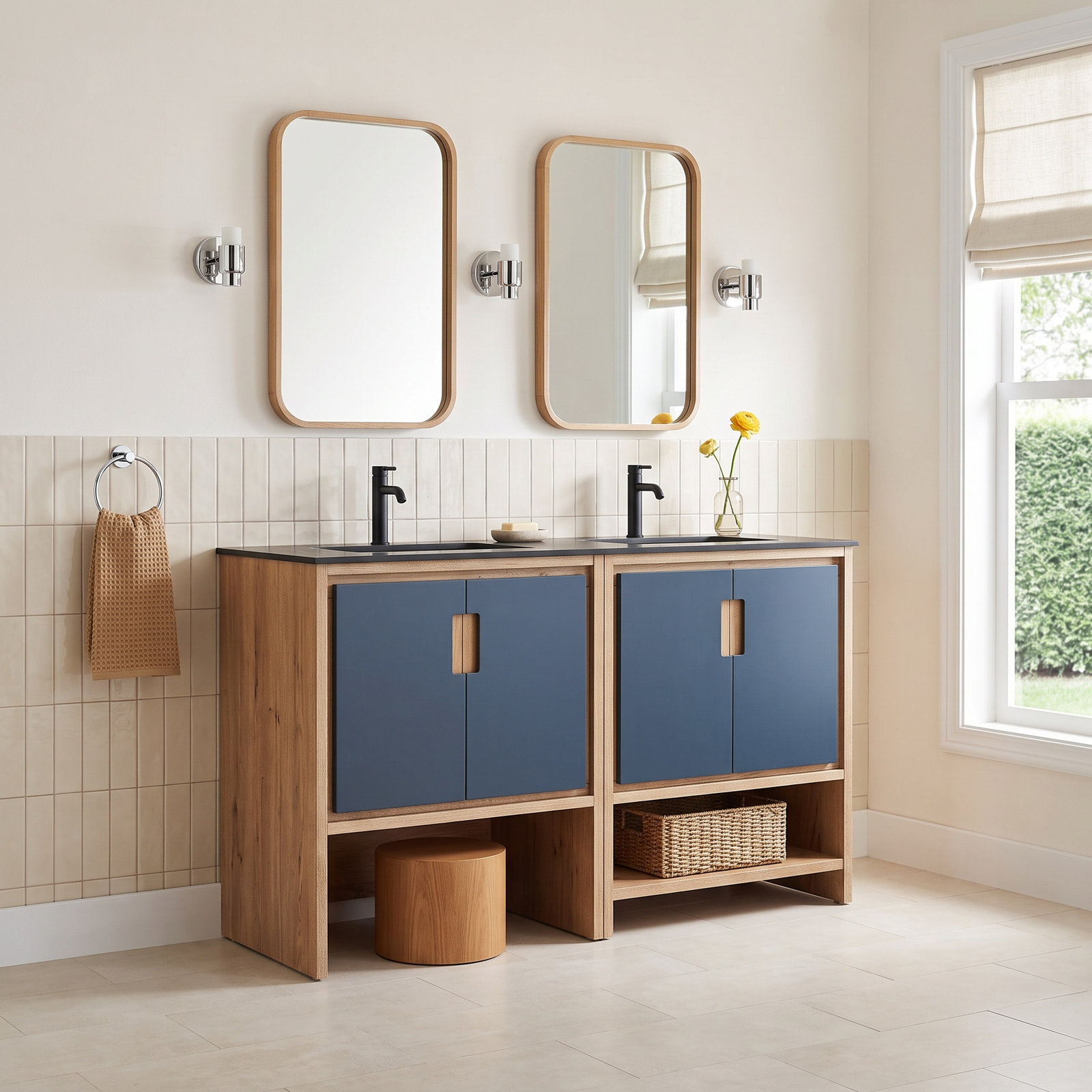 Tomesia 60" Double Bathroom Vanity, Black of Night/Maple, Black