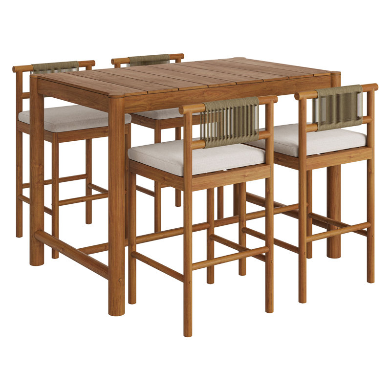 Akeya 5-Piece Outdoor Teak Wood Bar Set In Natural Sail, Natural, Sail