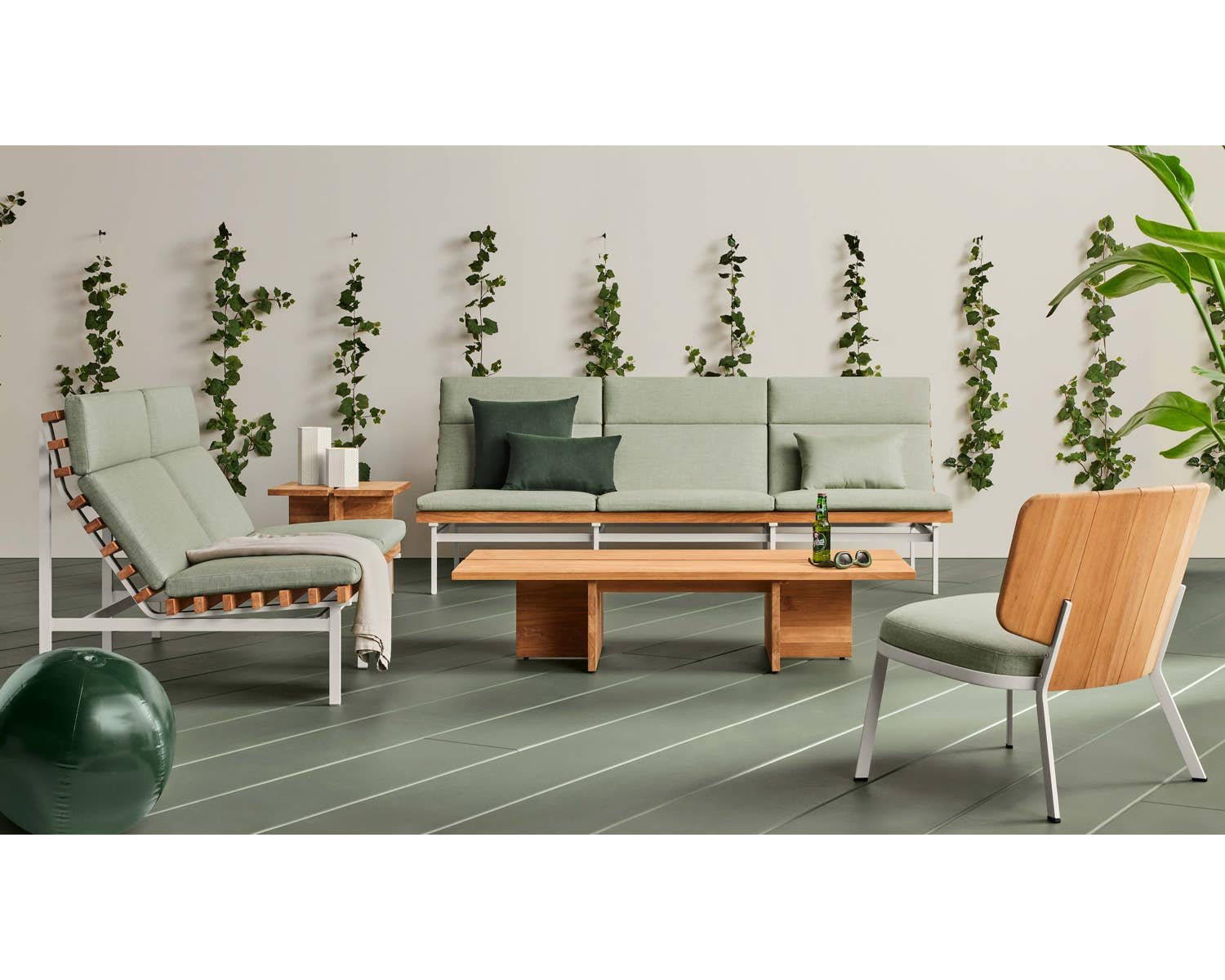 Perch 59" Teak Patio Loveseat, White, Sunbrella Oasis