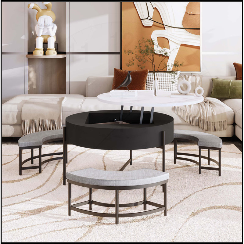 Table basse moderne à plateau relevable avec rangement et 3 repose-pieds, parfaite pour les espaces de vie élégants et fonctionnels