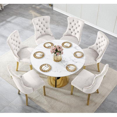 Ensemble de salle à manger 7 pièces, table de cuisine ronde en faux marbre blanc avec 6 chaises capitonnées en velours, style luxueux, pied central doré