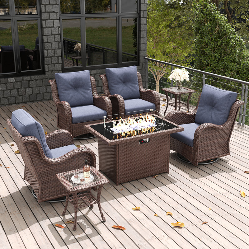 Ensemble de chaises berçantes pivotantes 7 pièces avec table d'appoint LayinSun, Brun, Marine