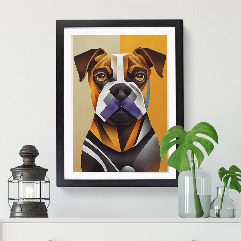 Boxer Dog Cubism - Single Picture Frame Print, 34cm H x 25cm W x 2cm D, Oak Framed