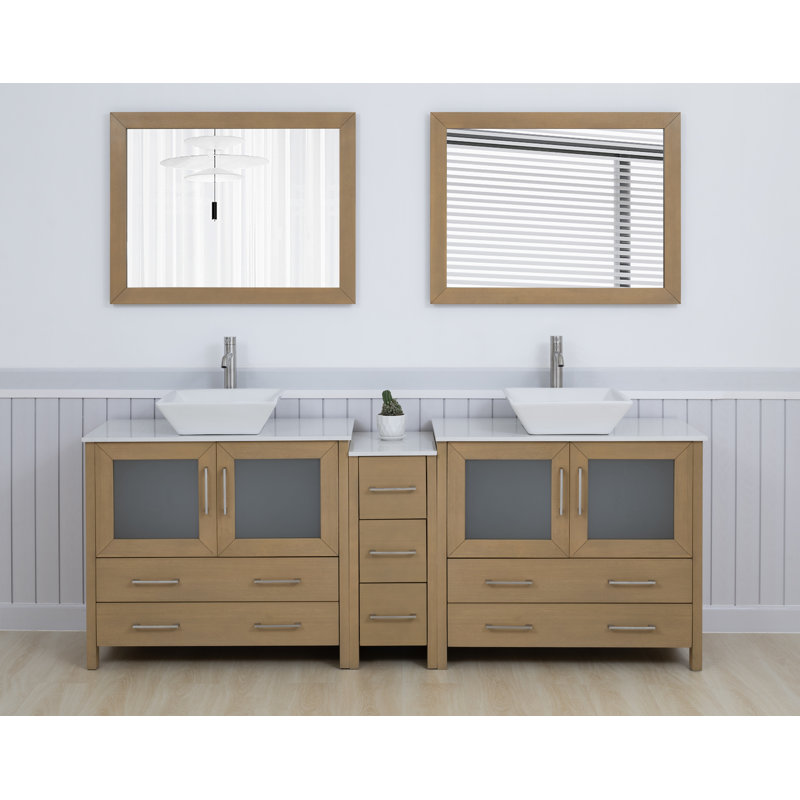 Ensemble de meuble-lavabo autoportant à double cuve 84 po avec plateau en marbre d'ingénierie et miroirs assortis Ravenna