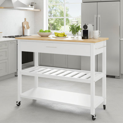 White Multi-Functional Kitchen Island Trolley With Large Countertop, Storage Cabinets, Drawers, And Open Shelves. Comes With A Towel Rack. Suitable For Kitchens And Dining Rooms; Movable.