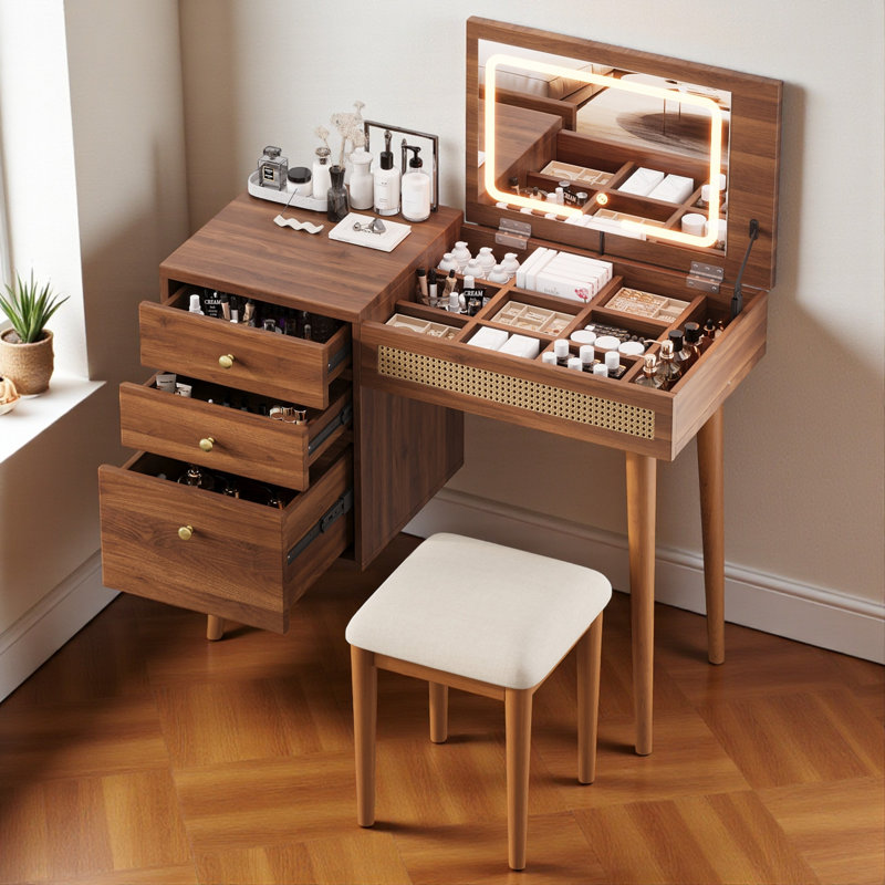 Coiffeuse de maquillage avec miroir lumineux à DEL, plateau de table rabattable