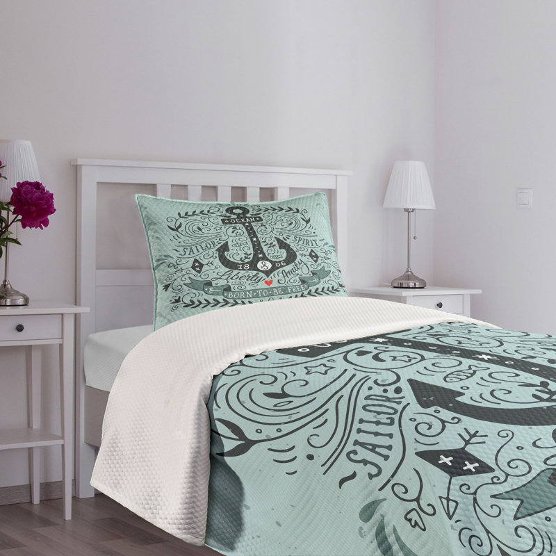 Navy and Turquoise Twin Anchor Bedspread Set