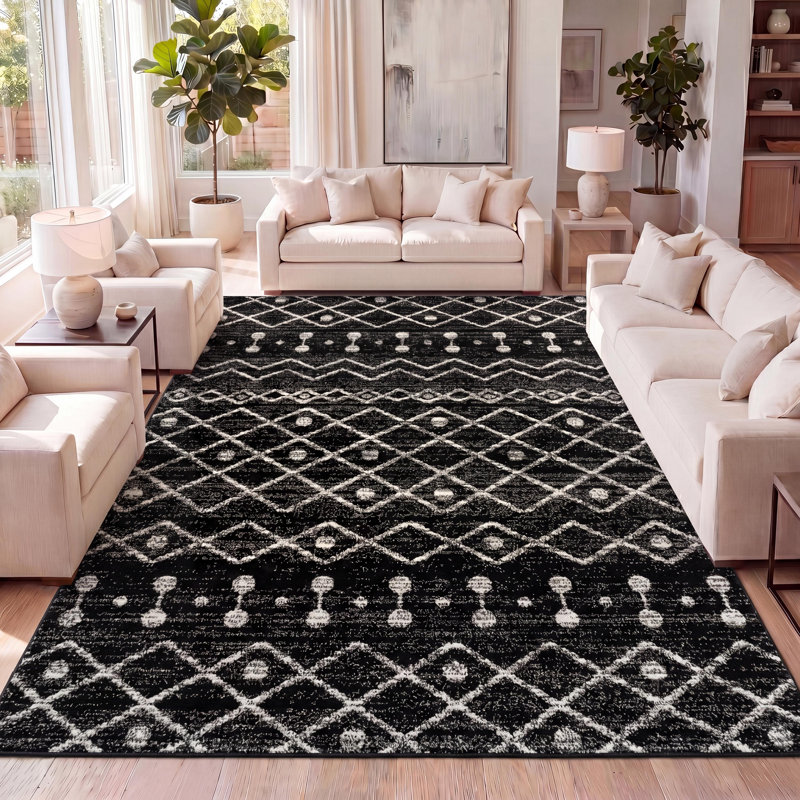 Kerana Moroccan Beni Souk Black/Cream Rug, Rectangle 5'3" x 7'7"