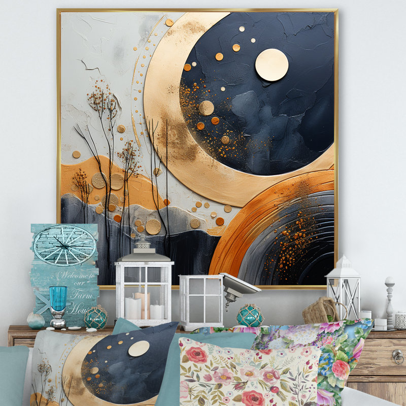 «Yellow and Black Landscape Symphony IV - Abstract Landscape», art mural, Cadre flottant doré, 16" H x 16" W