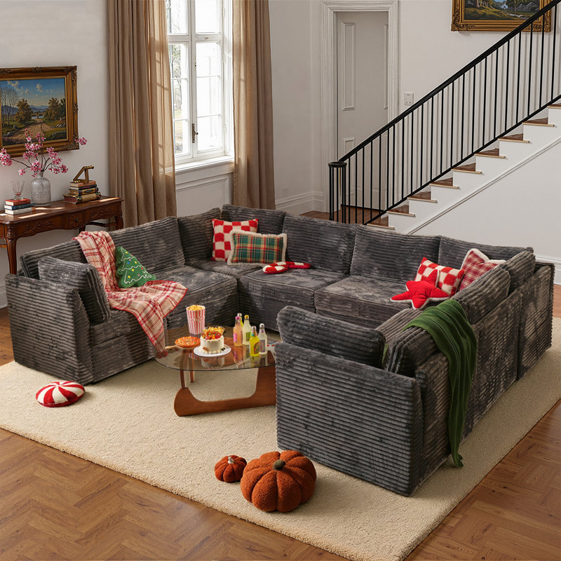 Nathasa 8-Piece Upholstered Corduroy Sectional, Gray Corduroy