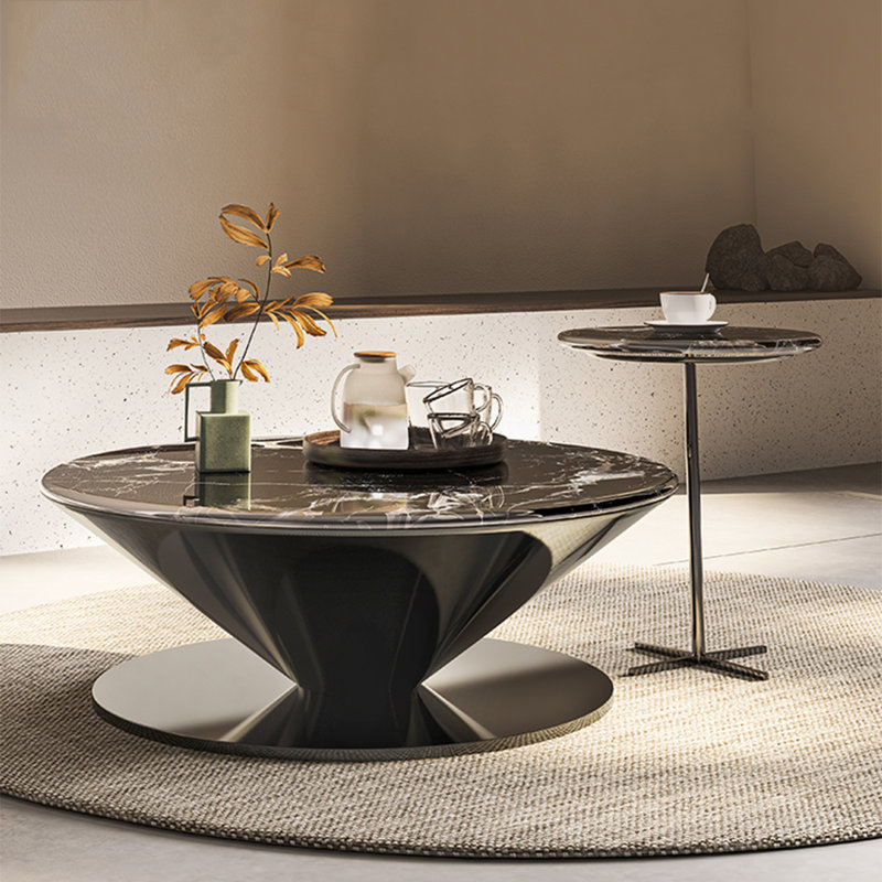 Table basse ronde en marbre avec soucoupe volante, H 15 po x L 35,4 po x l 35,4 po, Noir