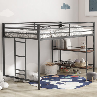 Lit mezzanine simple peu encombrant - structure en métal avec tablette en bois, garde-corps, bruit, pas de sommier tapissier nécessaire pour la chambre à coucher