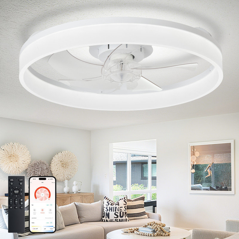 20" White Flush Mount Ceiling Fan with Light, Low Profile, App & Remote Control, 6-Speed Quiet DC Motor, Dimmable LED for Bedroom