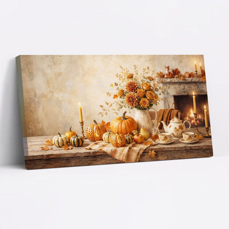 Tableau rustique sur toile représentant des citrouilles oranges et des fleurs près du foyer, idéal pour l'Halloween