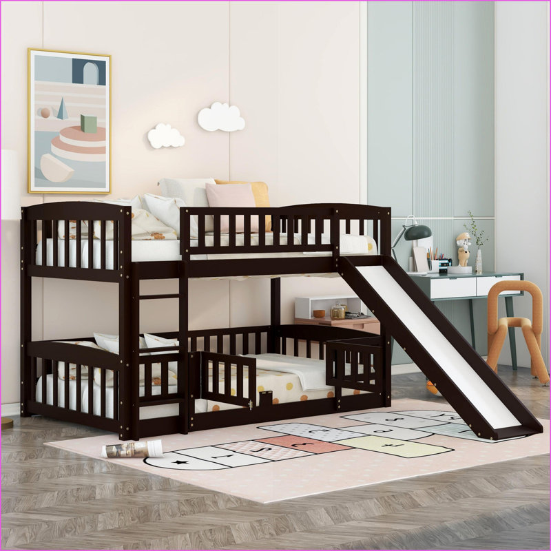 Twin Over Twin Solid Pine Wood Bunk Bed with Slide &amp; Ladder No Box Spring for Teens, Espresso