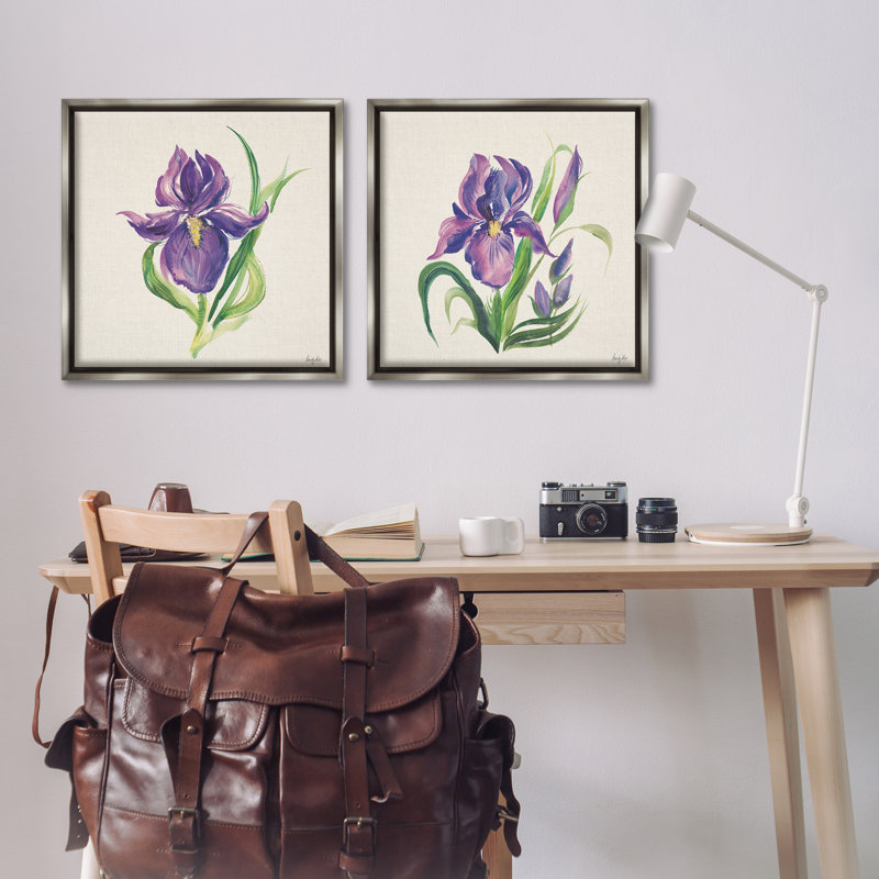 «Mauve Iris en fleur», ensemble de 2 toiles flottantes encadrées par Kristy riz, Cadre flottant gris lustré