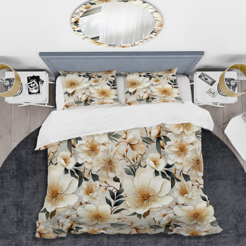 Ensemble de housse de couette Beige Boho Chic Poppy Blooms IV, Housse de couette pour très grand lit et 2 très